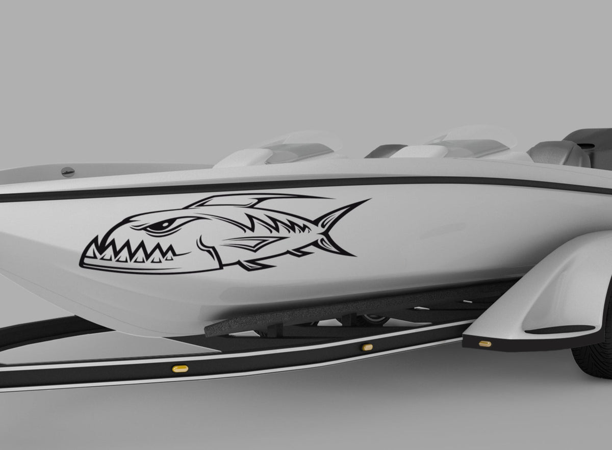 Monster fish vinyl black decal on the side of white bass boat